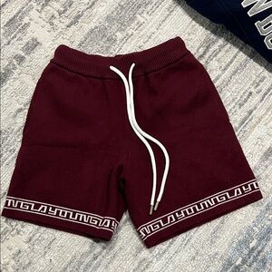 YoungLA Maroon Athletic Shorts with White Aztec trim